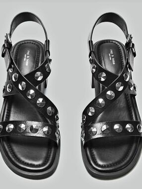 Rag & Bone Geo Studded Strap 100% LeatherBlack Sz 7.5/8US 37EU Block Heel 2inch